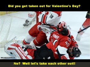 Robin Lehner and Clarke MacArthur of the Ottawa Senators collide during Feb 16th, 2015 game against Carolina.